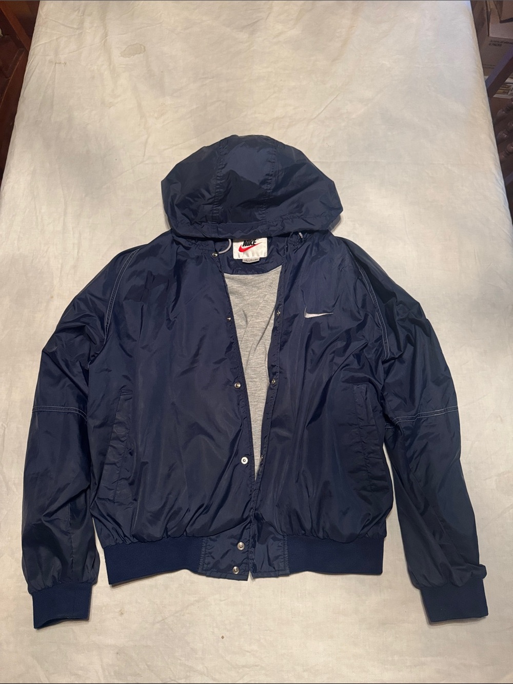 Vintage 90’s Nike Navy Hooded Bomber Jacket with Embroidered Swoosh
